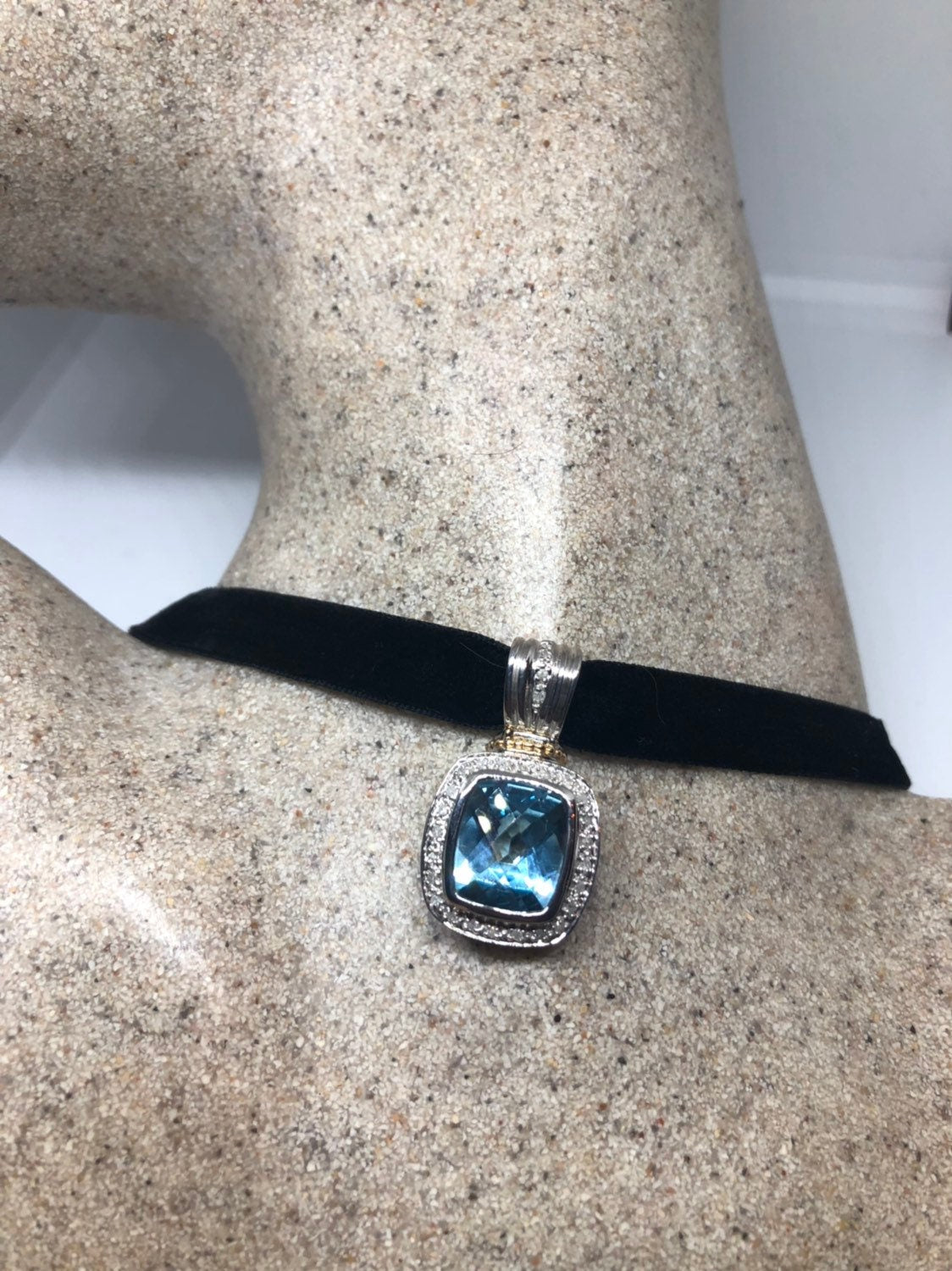 Vintage Genuine Deep Blue Topaz 925 Sterling Silver Necklace Pendant
