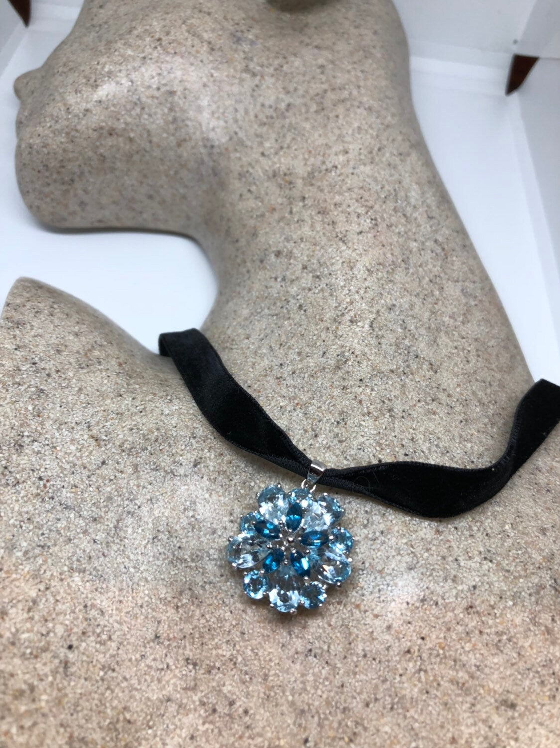 Vintage Genuine Deep Blue Topaz 925 Sterling Silver Necklace Pendant