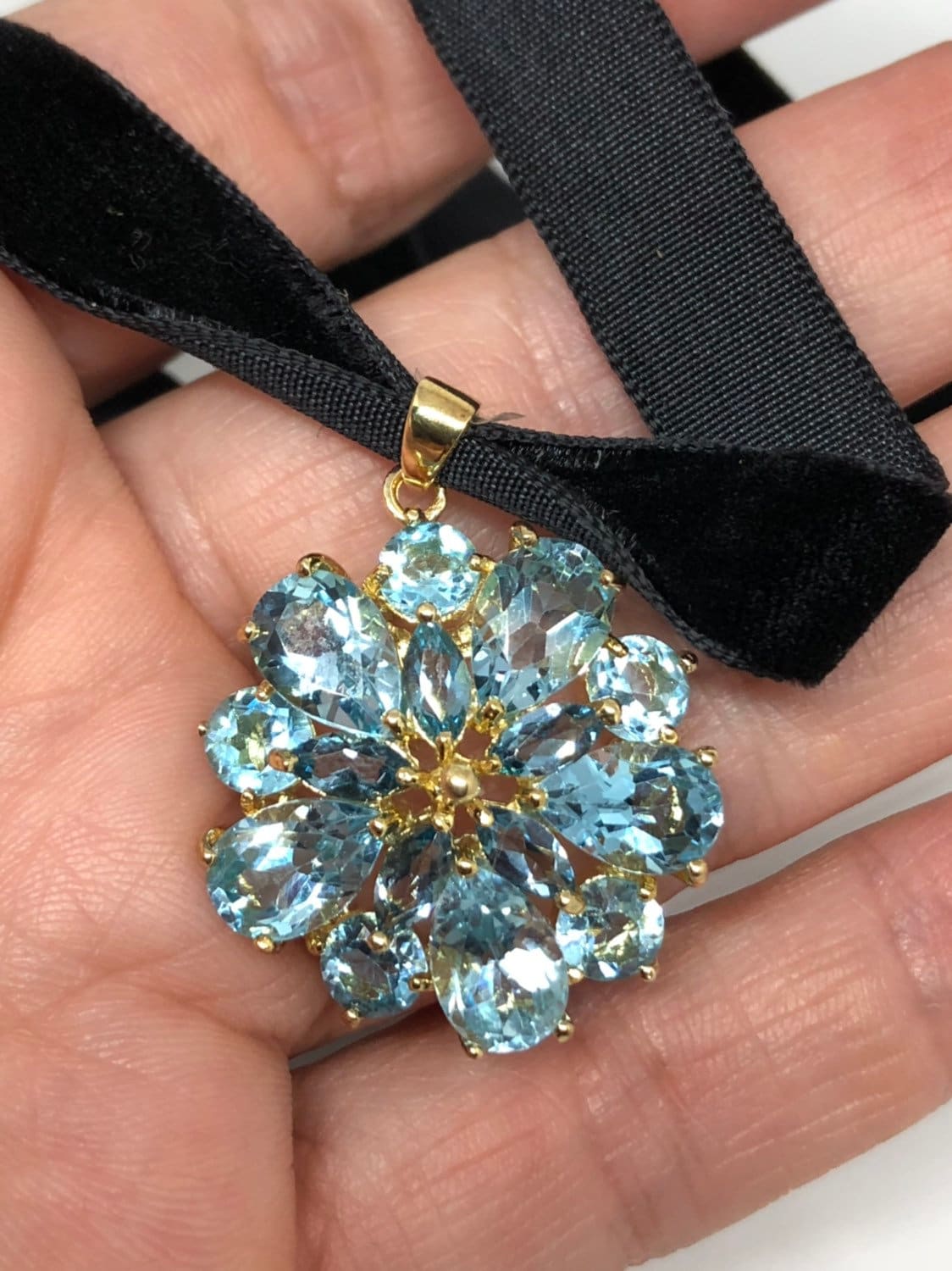 Vintage Genuine Deep Blue Topaz 925 Sterling Silver Necklace Pendant