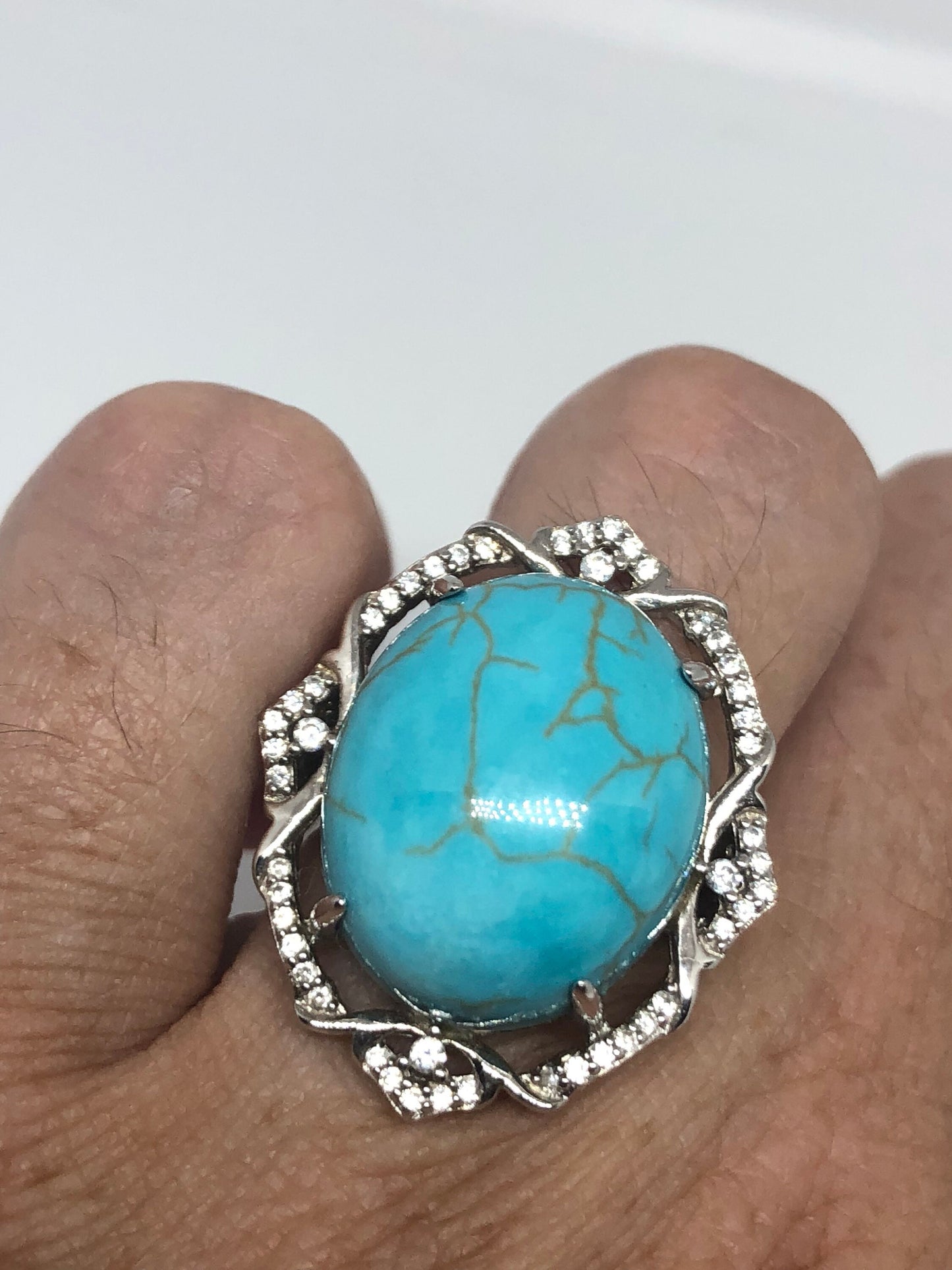 Vintage Persian Turquoise and White Sapphire Gemstone 925 Sterling Silver Ring