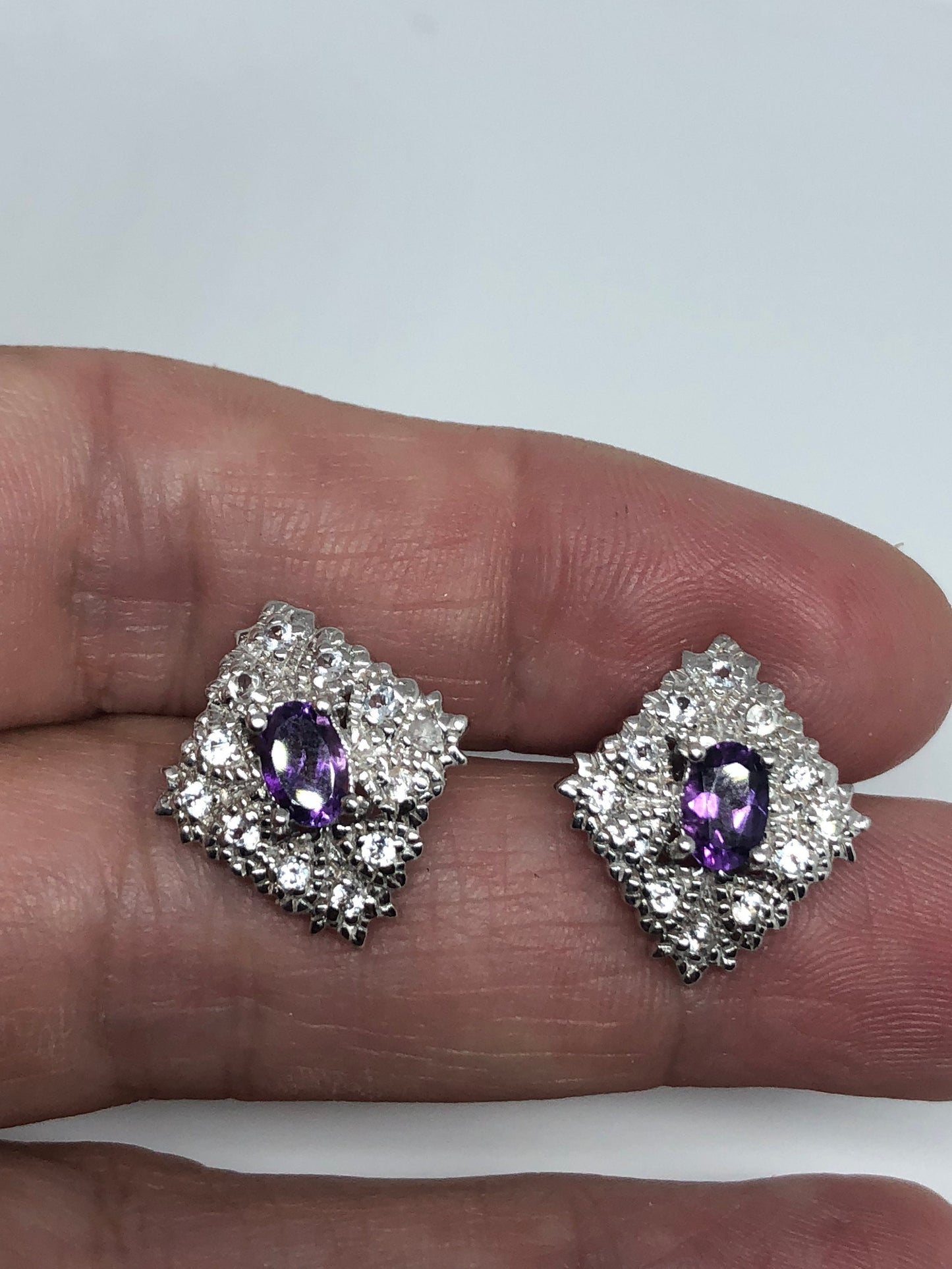 Vintage Amethyst Earrings 925 Sterling Silver Purple Stud Button