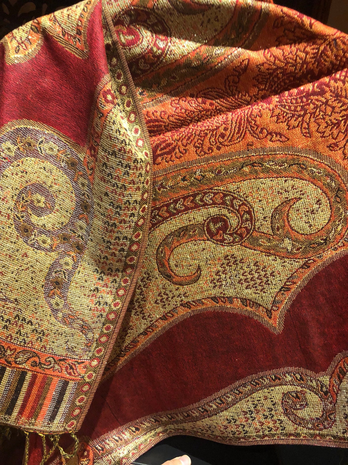 Red Metallic Vintage Paisley Brocade Pashmina Scarf Wrap Shawl