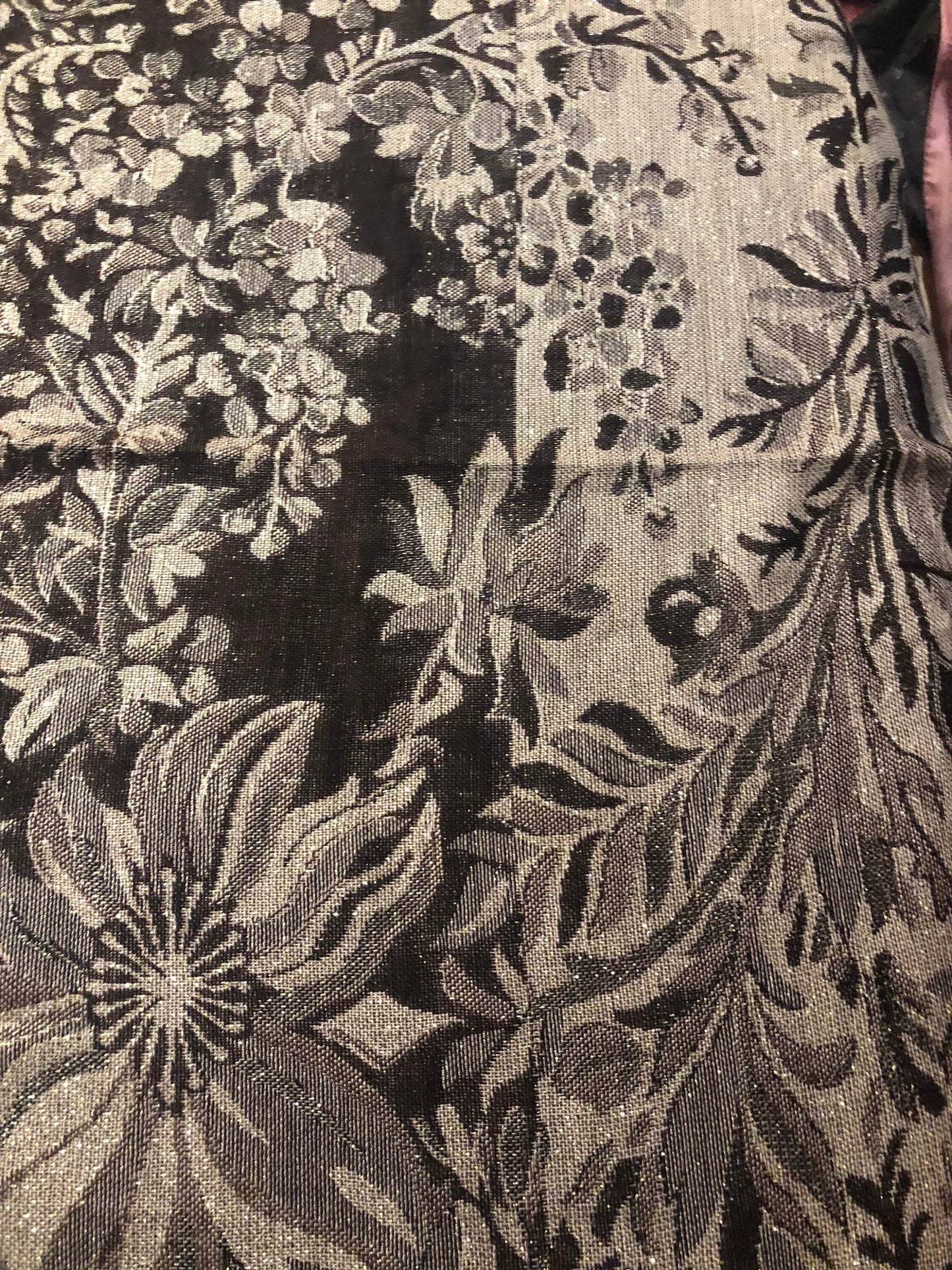 Vintage Brown White Silver Flower Brocade Pashmina Scarf Wrap