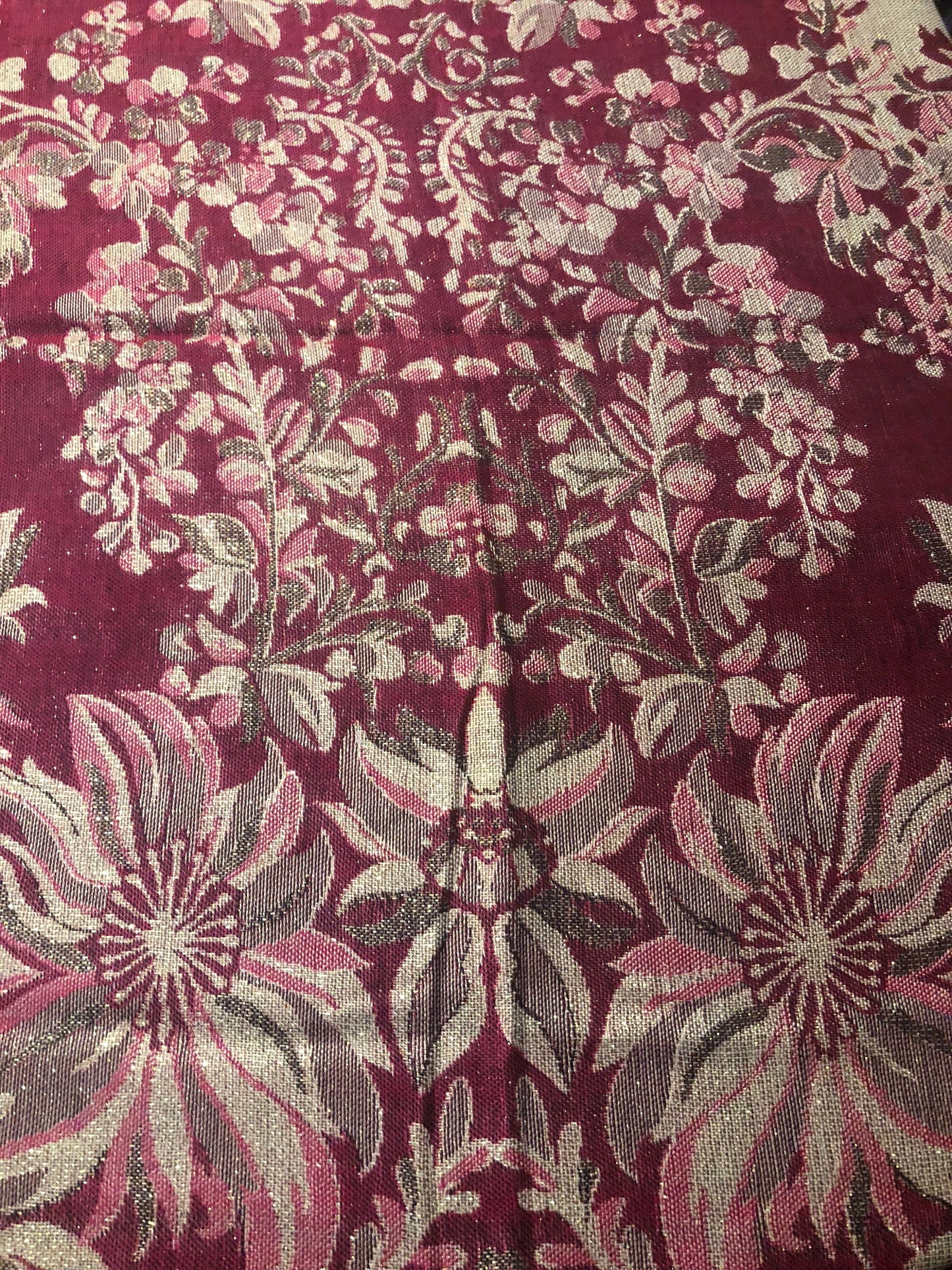 Brocade Pashmina Scarf Wrap in Fuchsia Pink White Silver Flower