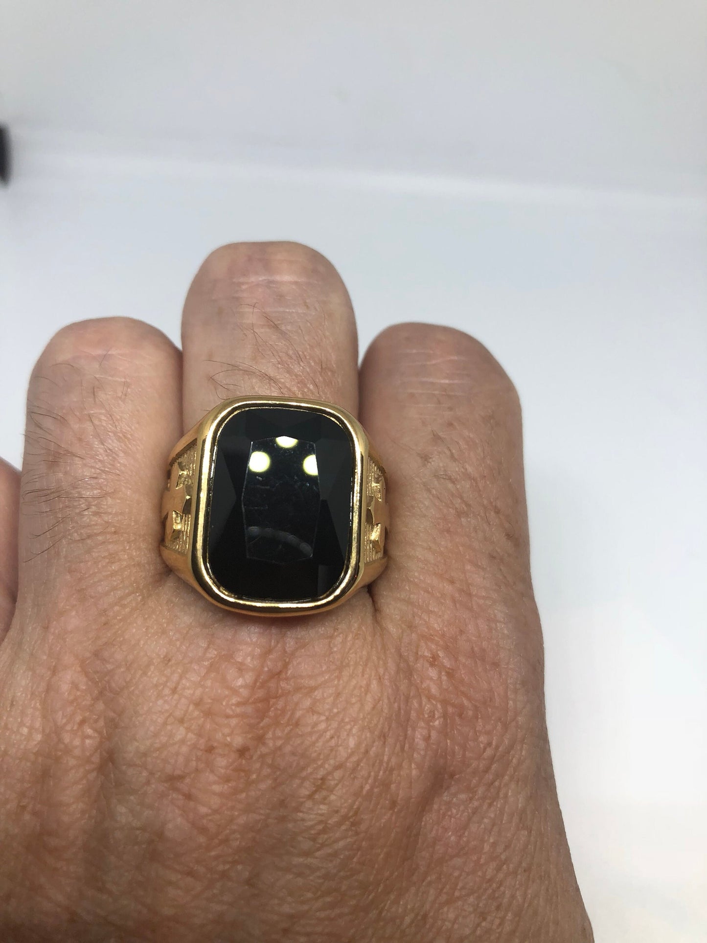 Vintage Golden Black Onyx Gothic Cross Stainless Steel Mens Ring