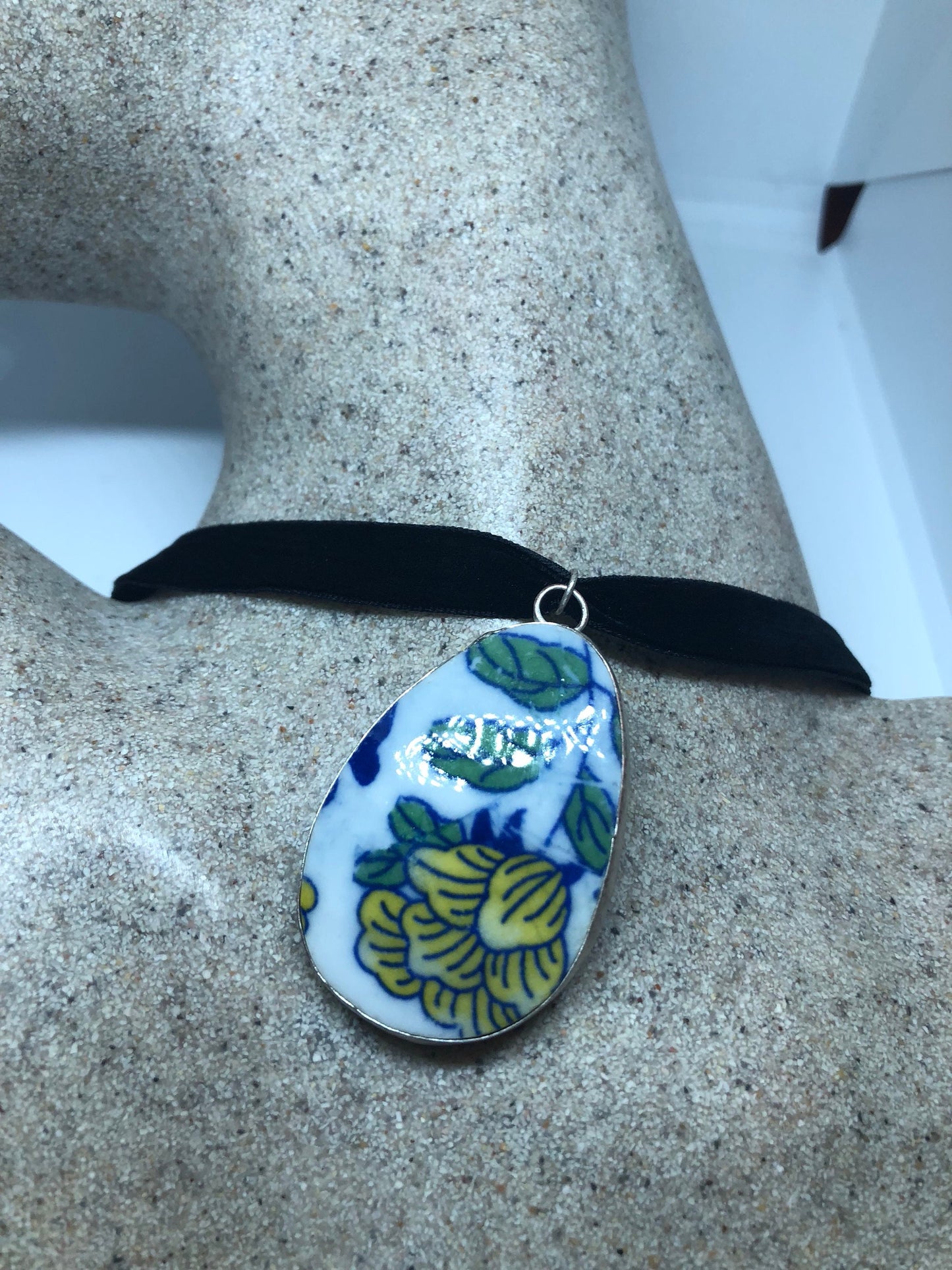 Vintage Handmade painted porcelain Silver Pendant