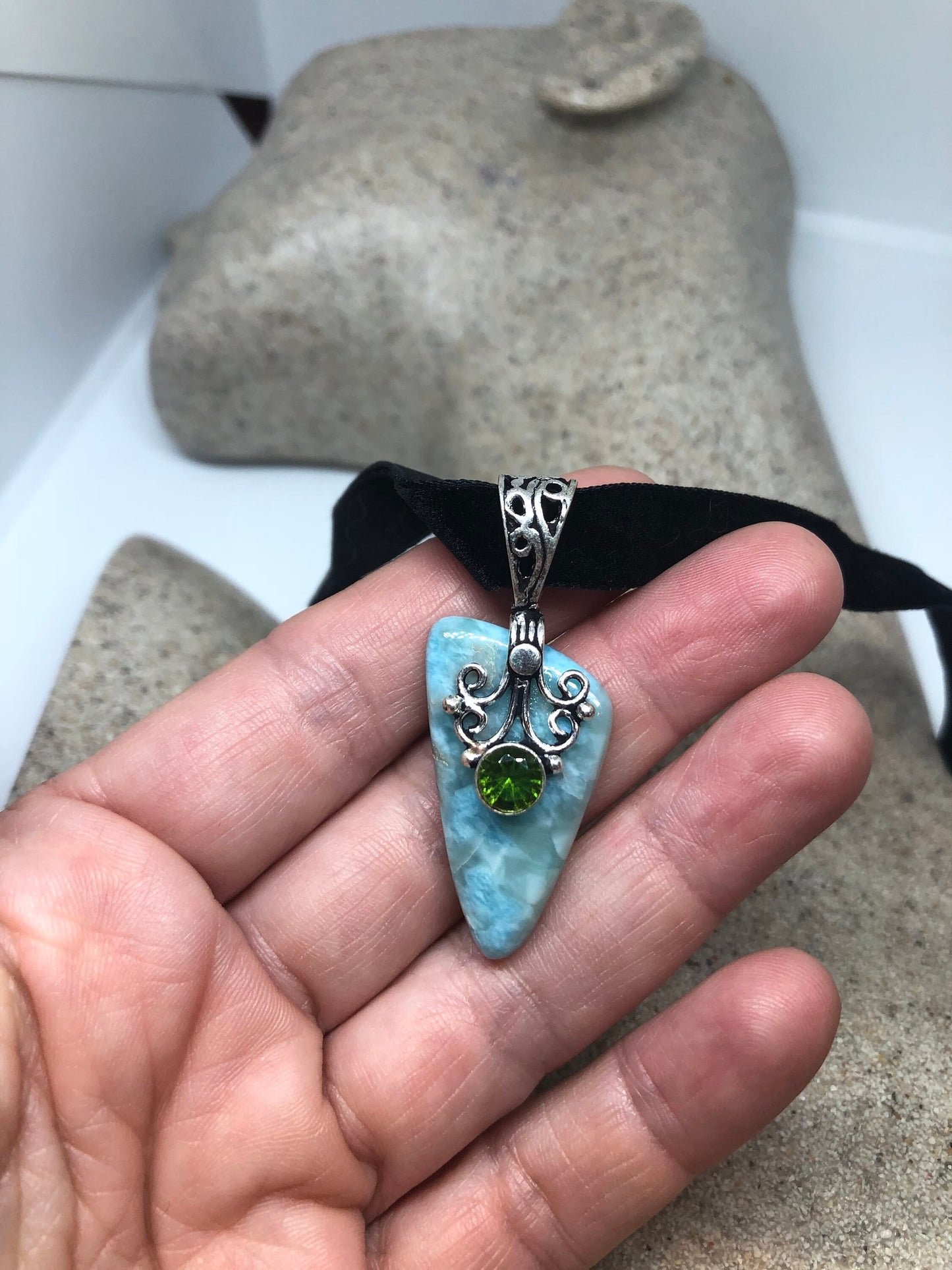 Vintage Handmade Silver Genuine Peridot and Amazonite Pendant