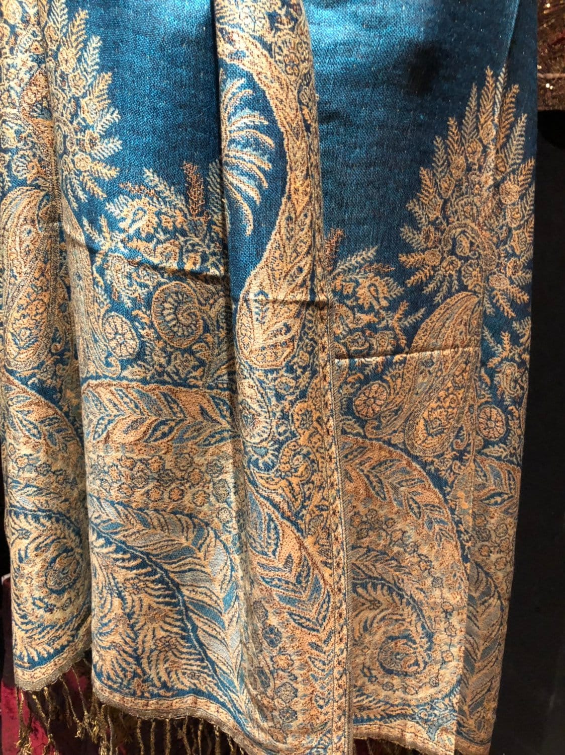 Vintage Light Teal Blue Paisley Brocade Pashmina Scarf Wrap Shawl