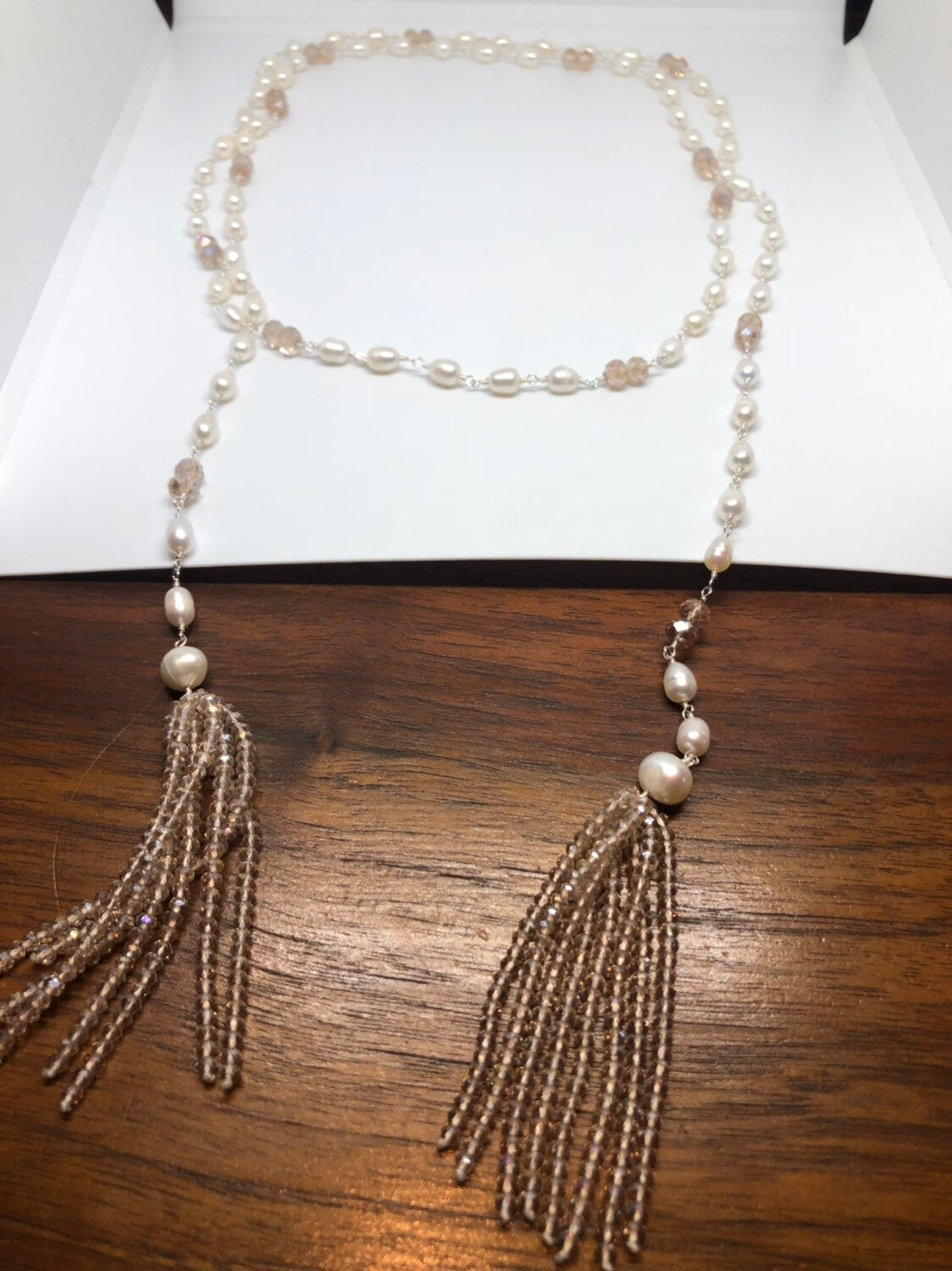 Hand Wrapped White Pearl tassel lariat Necklace
