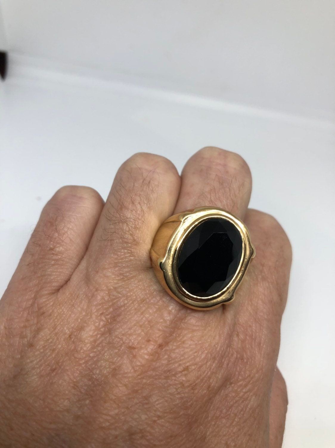 Vintage Gothic Gold Finished Stainless Steel Black Onyx Genuine Mens Ring