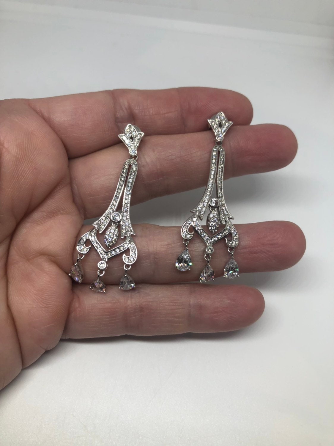 Vintage Chandelier Earrings Silver diamond look Austrian Crystal