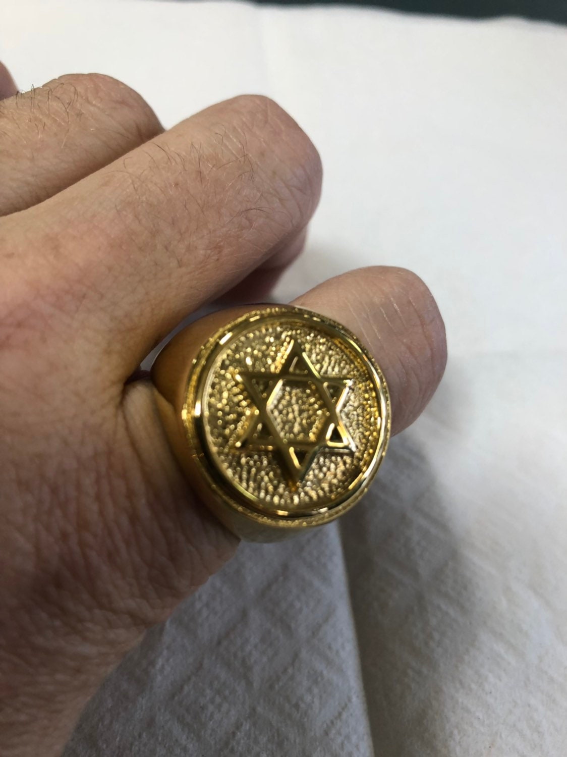 Vintage Golden Stainless Steel Star of David Mens Ring