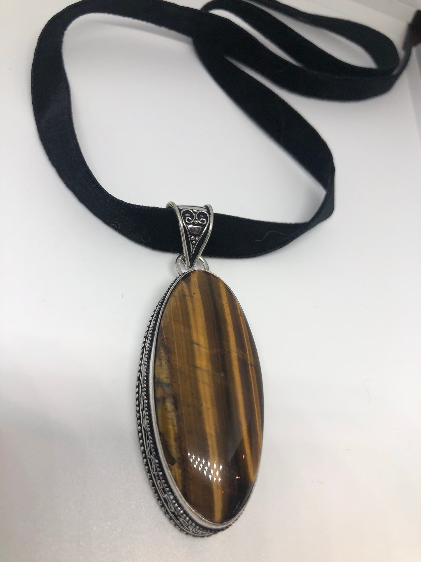 Vintage Tigers Eye Choker Turkish Ottoman Styled Silver Pendant Necklace