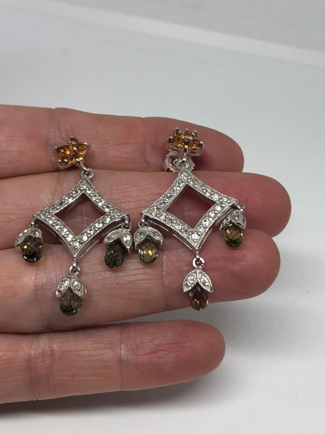 Vintage Genuine Green Amethyst and Citrine 925 Sterling Silver Chandelier Dangle Earrings