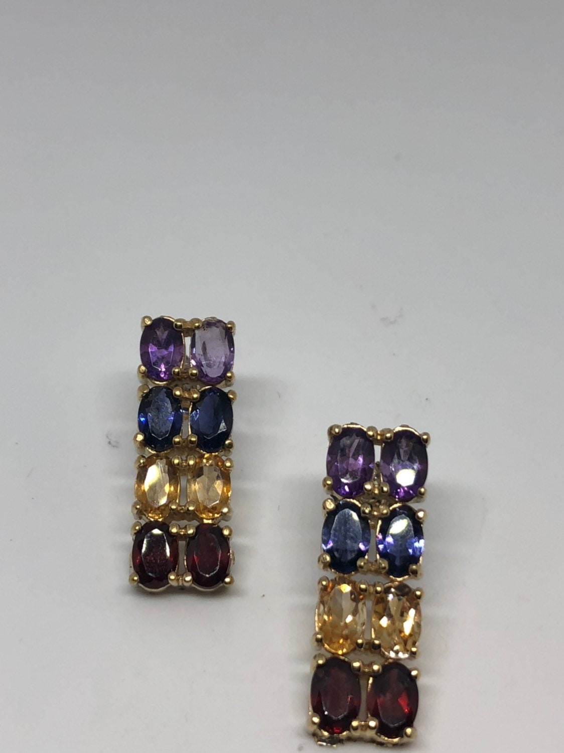 Vintage Mixed Genuine Gemstone Filigree 925 Sterling Silver Dangle button Earrings