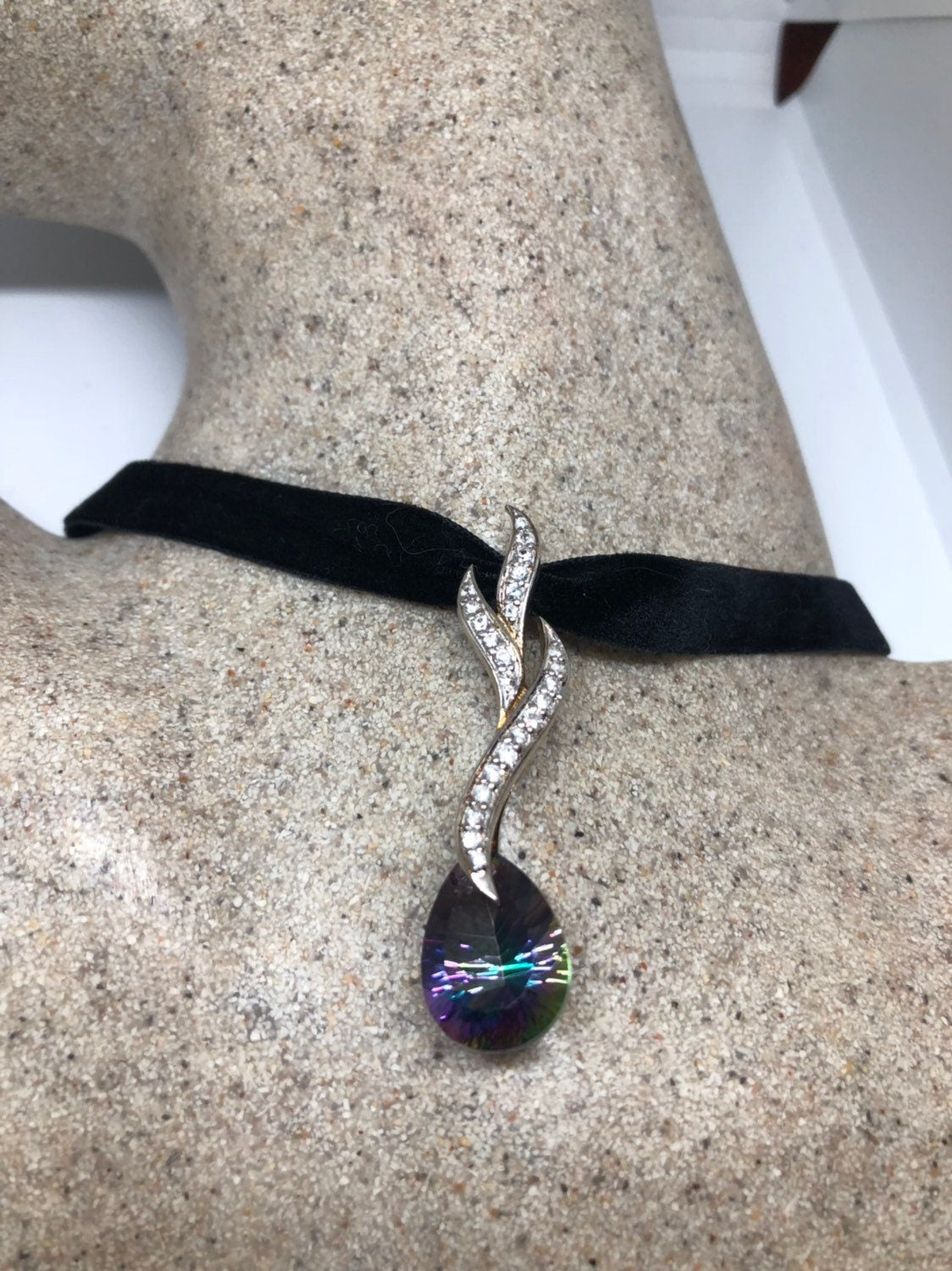 Vintage Handmade 925 Sterling Silver Mystic Genuine Blue Topaz Antique  Pendant Necklace Velvet Choker