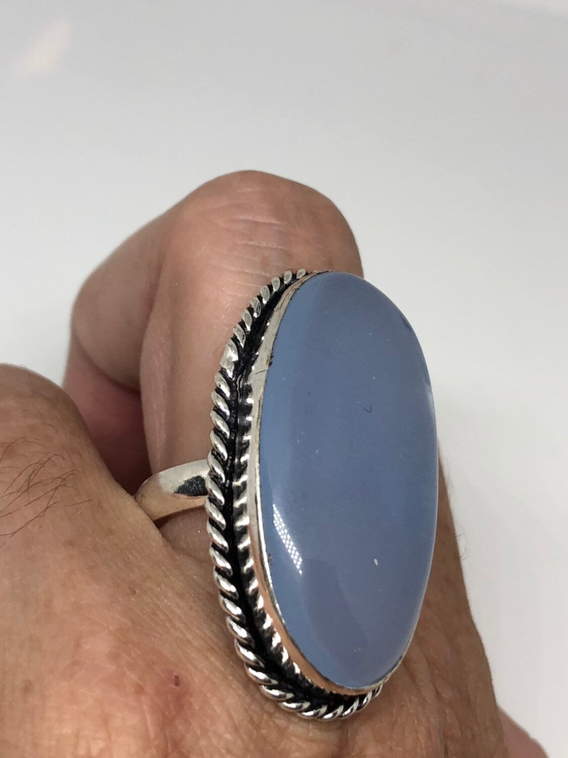 Vintage Genuine Blue Chalcedony an Inch Long Ring