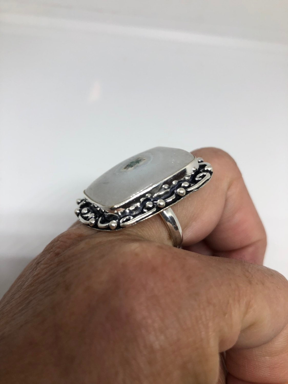 Vintage Genuine White Chalcedony an Inch Long Ring