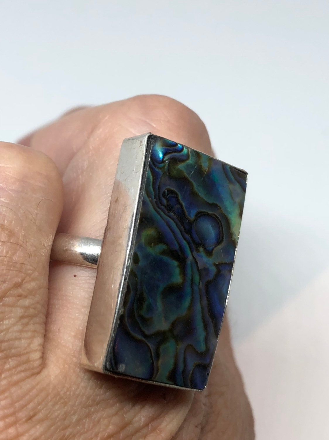 Antique Green Abalone White Bronze Silver Ring