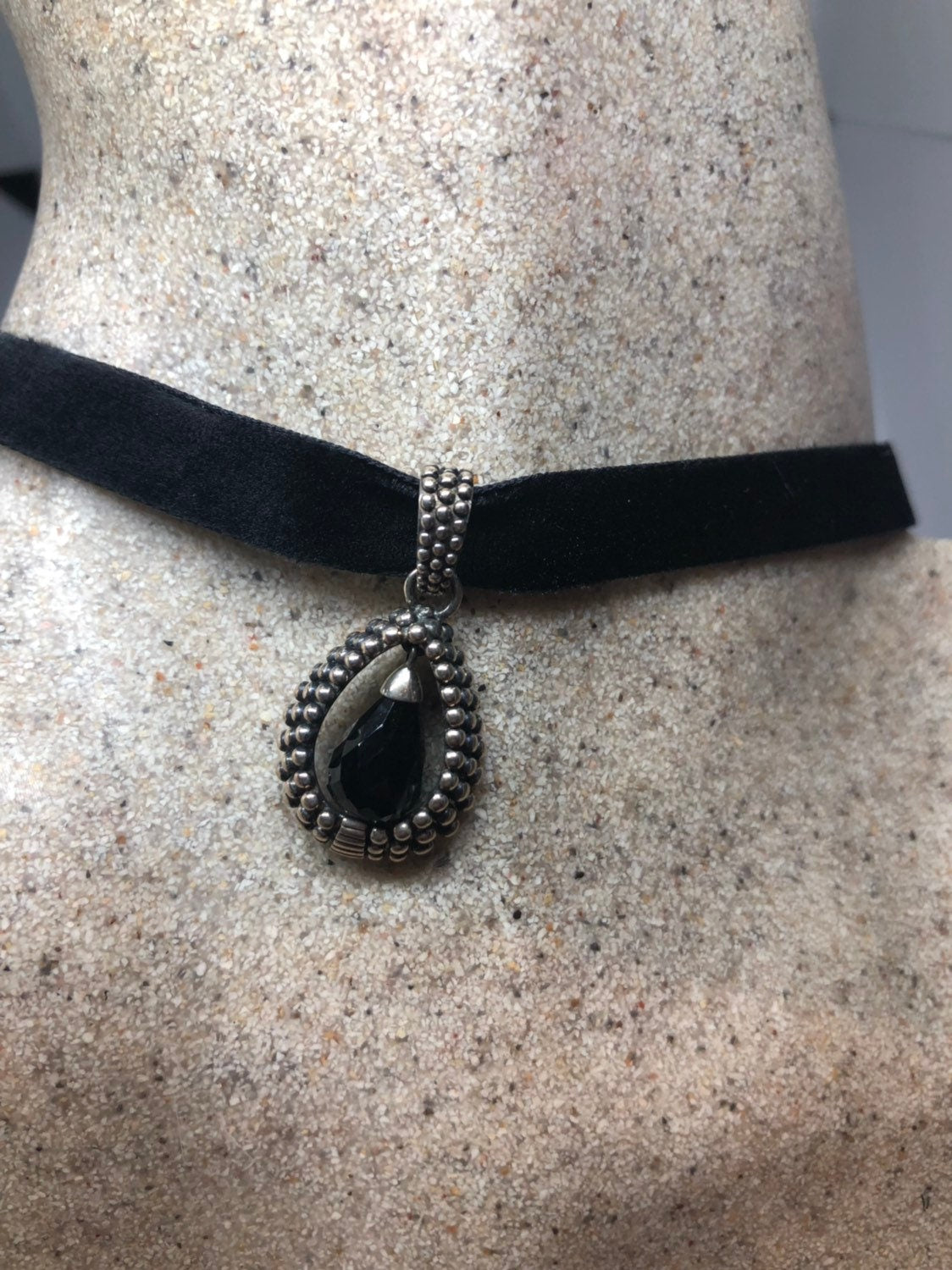 Vintage Black Onyx Choker 925 Sterling Silver Pendant Necklace