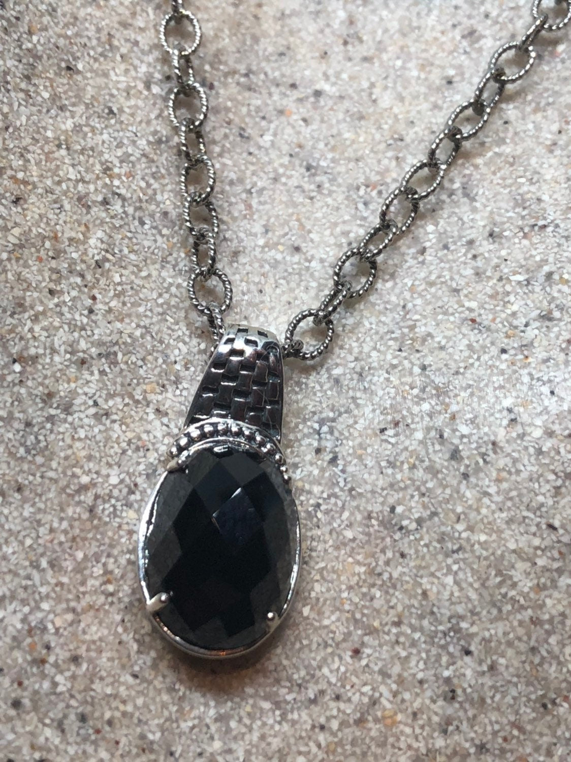 Vintage 925 Sterling Silver Genuine Black Onyx Dangle Pendant Necklace