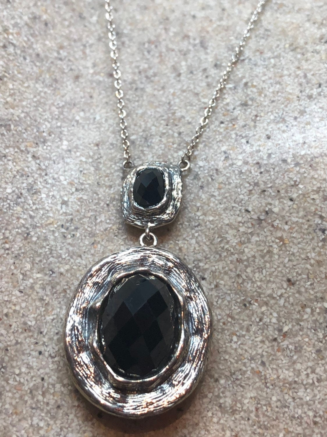 Vintage 925 Sterling Silver Genuine Black Onyx Dangle Pendant Necklace