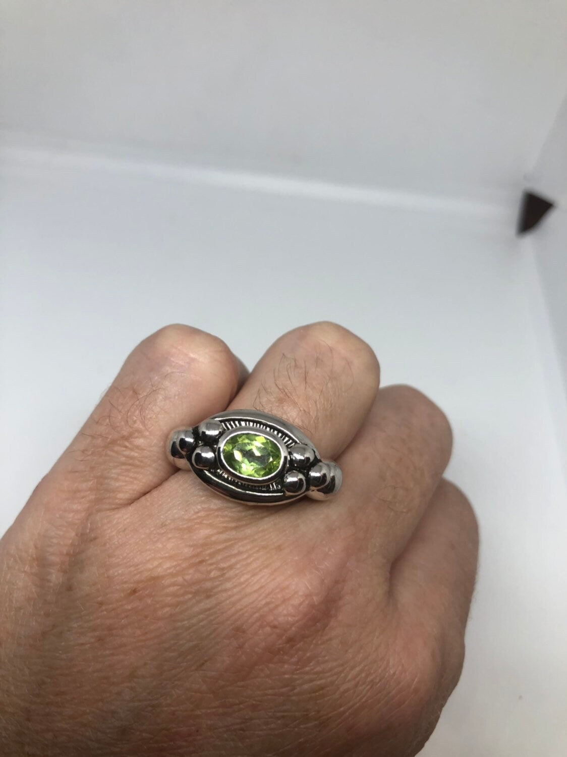 Vintage Handmade Genuine Green Peridot Filigree Setting 925 Sterling Silver Gothic Ring