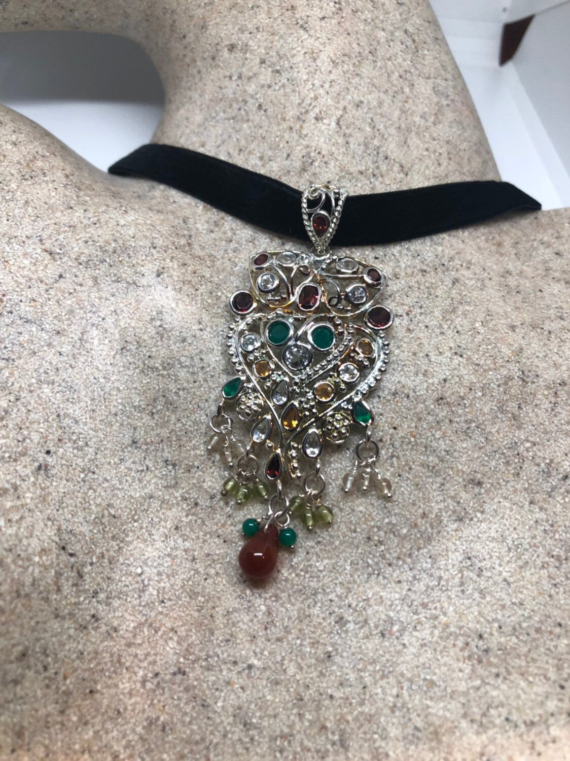 Vintage Handmade 925 Sterling Silver Genuine Garnet, Mixed Gemstone and Citrine Antique Pendant Necklace