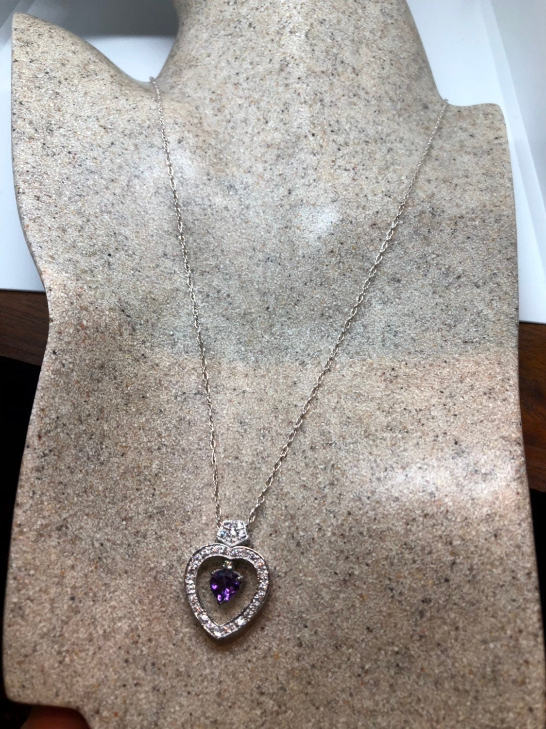Vintage Handmade 925 Sterling Silver Purple Amethyst Heart Pendant Necklace