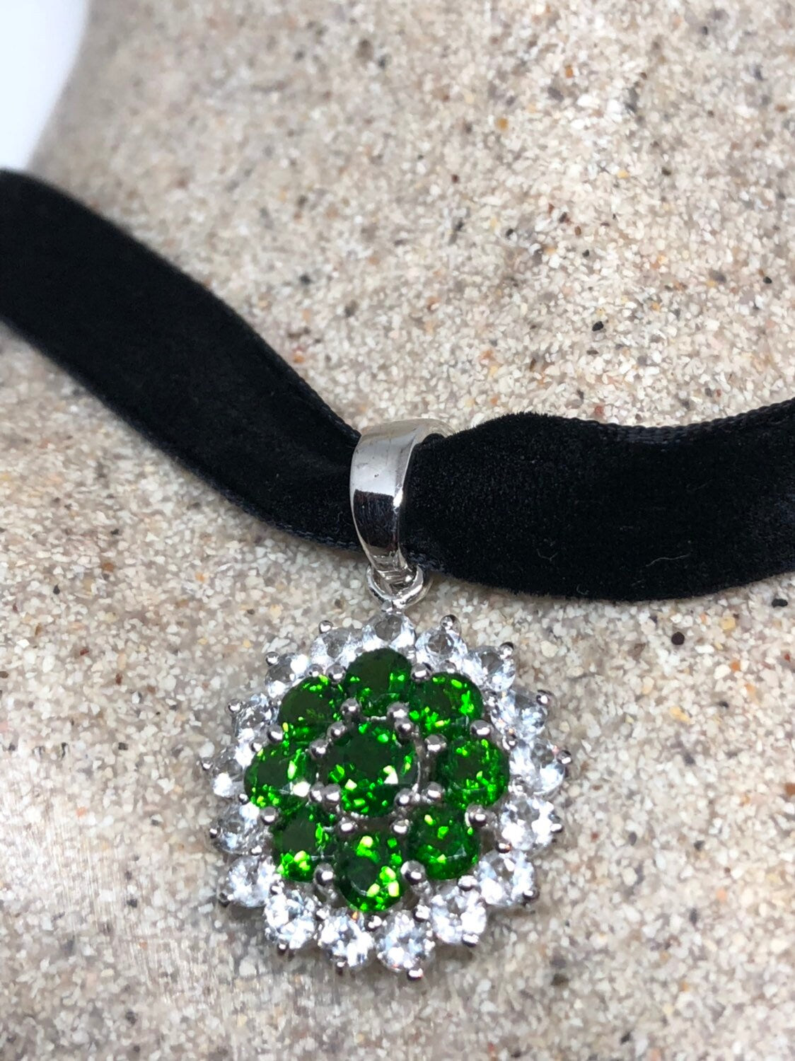Vintage Green Choker Deco Chrome Diopside 925 Sterling Silver Pendant Necklace