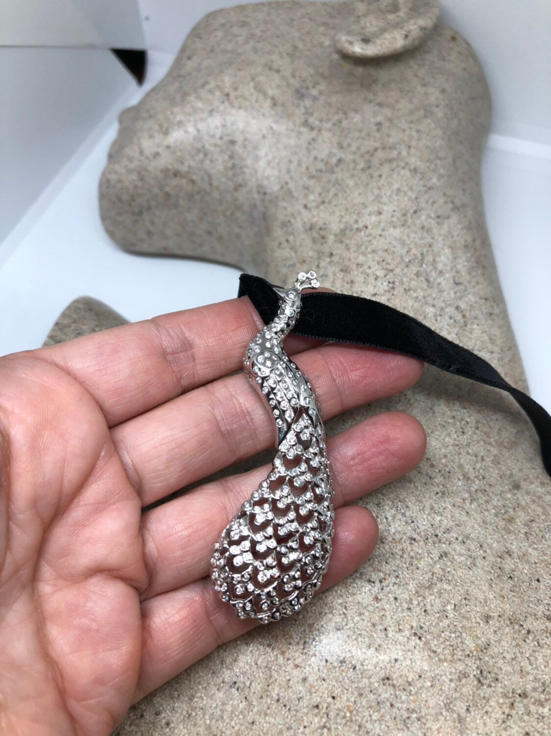 Vintage Handmade 925 Sterling Silver Gold Rhodium White Sapphire peacock Pendant Choker