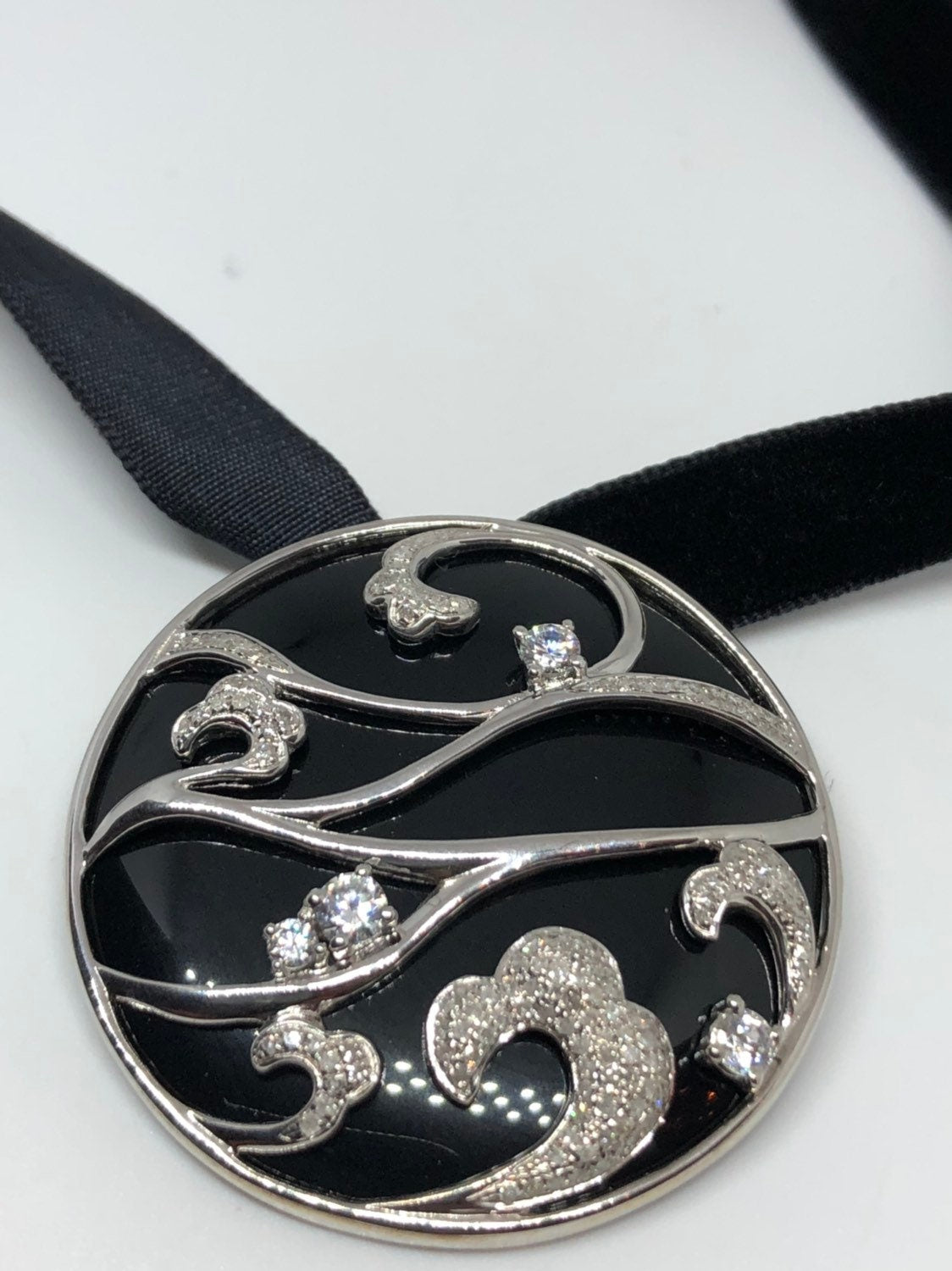 Vintage Handmade 925 Sterling Silver Rhodium Black Onyx and White Sapphire Choker Necklace