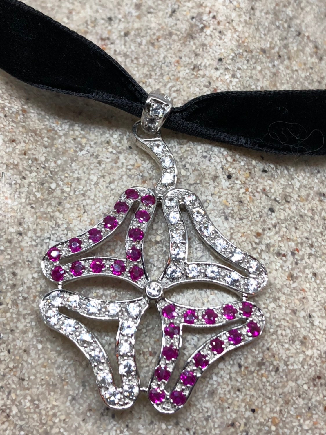 Vintage Handmade 925 Sterling Silver White Sapphire and Ruby Choker Pendant