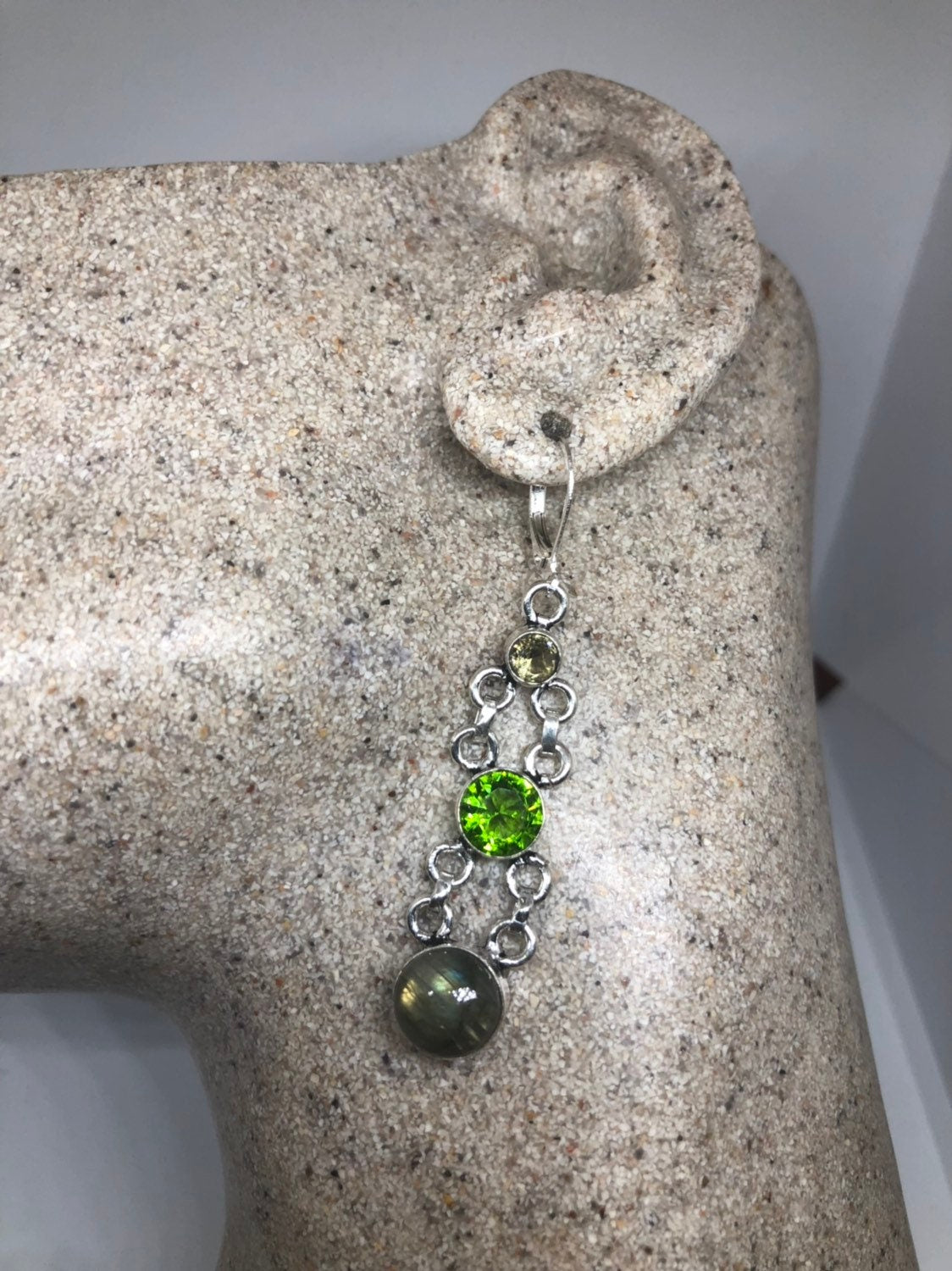 Vintage Rainbow Labradorite Peridot Earrings Silver Dangle 925 Sterling Silver Leverbacks