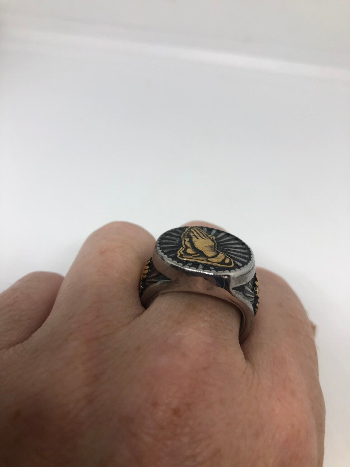 Vintage Gothic Silver Stainless Steel praying Hands sacred Heart Mens Ring