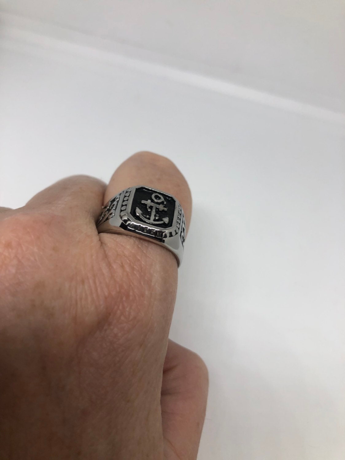 Vintage Gothic Silver Stainless Steel Navy Anchor Mens Ring