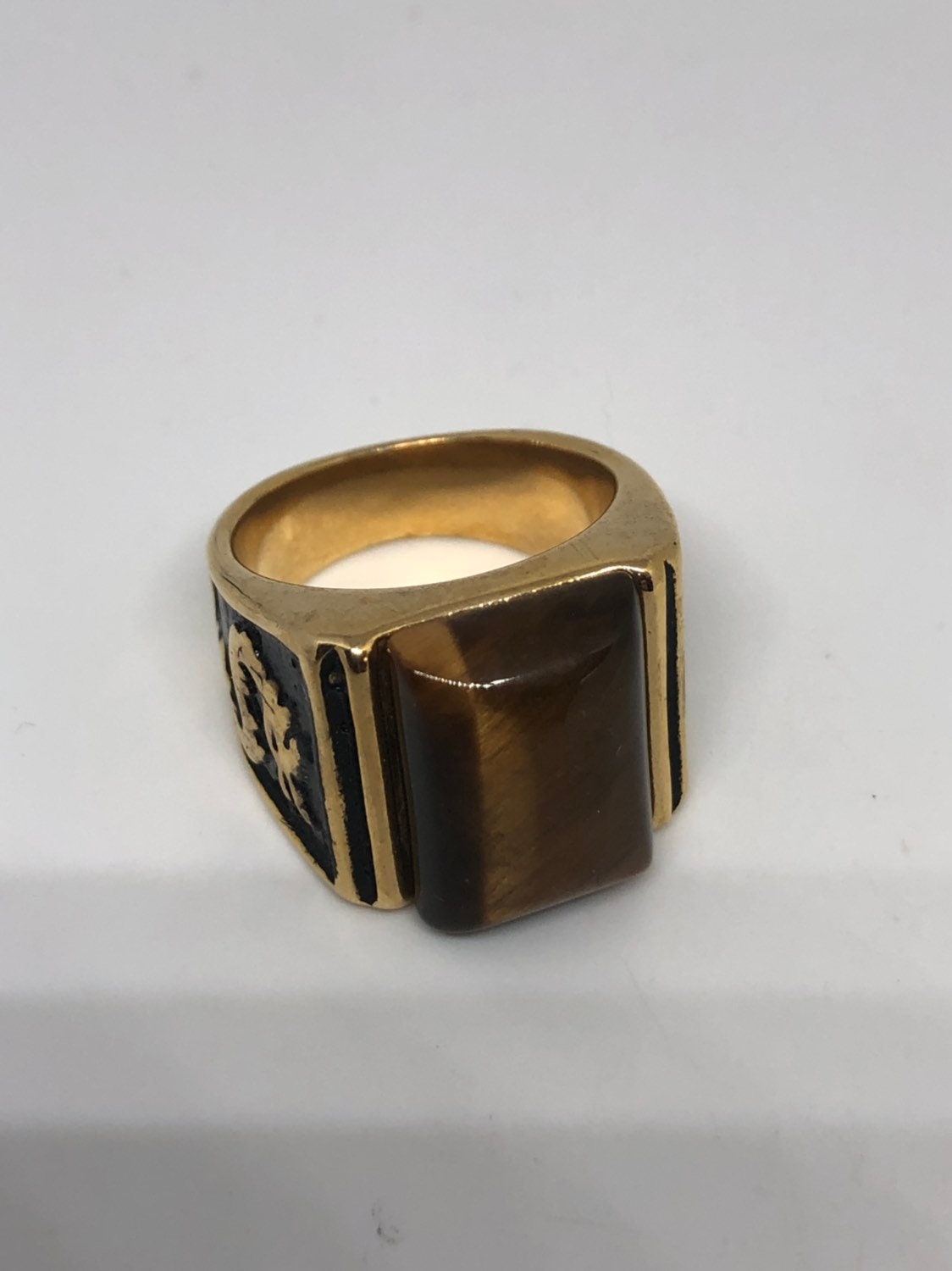 Vintage Gothic Gold Finished Stainless Steel Genuine Tiger Eye Dragon Mens Ring