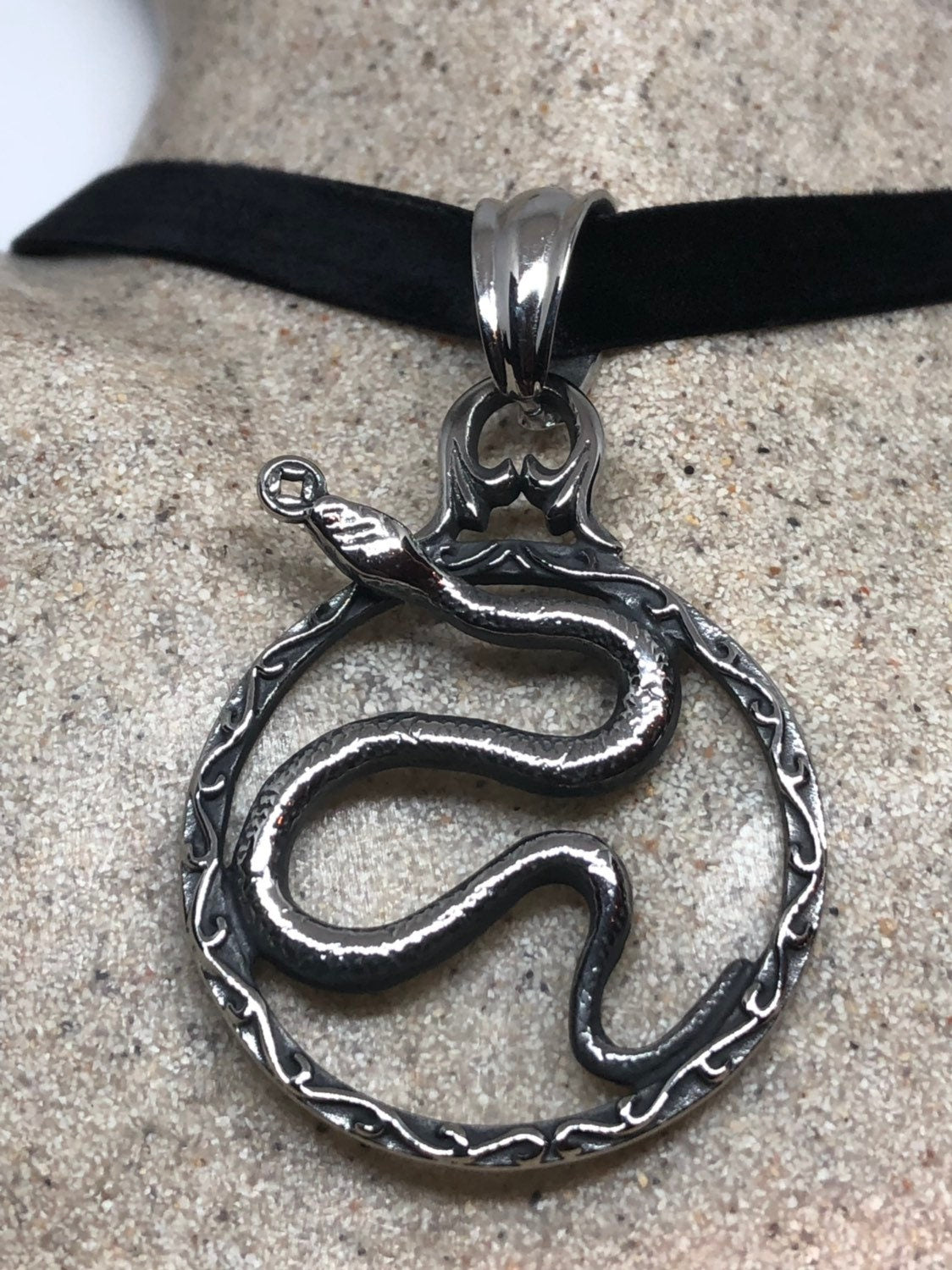 Vintage Handmade Stainless Steel Snake Lucky Yen Amulet Pendant