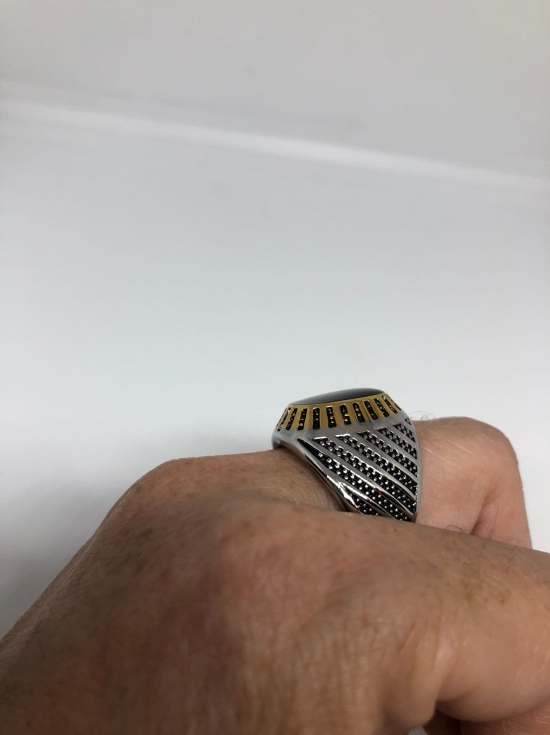 Vintage Gothic Black Genuine Onyx Stainless Steel Mens Ring