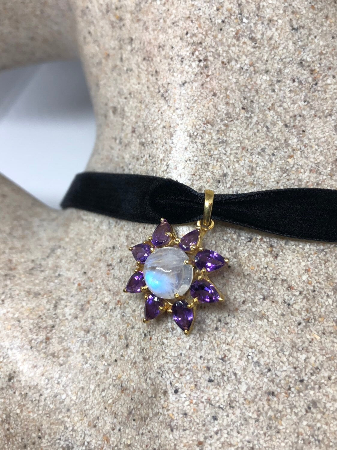 Vintage Rhodium 925 Sterling Silver Moonstone Necklace Choker