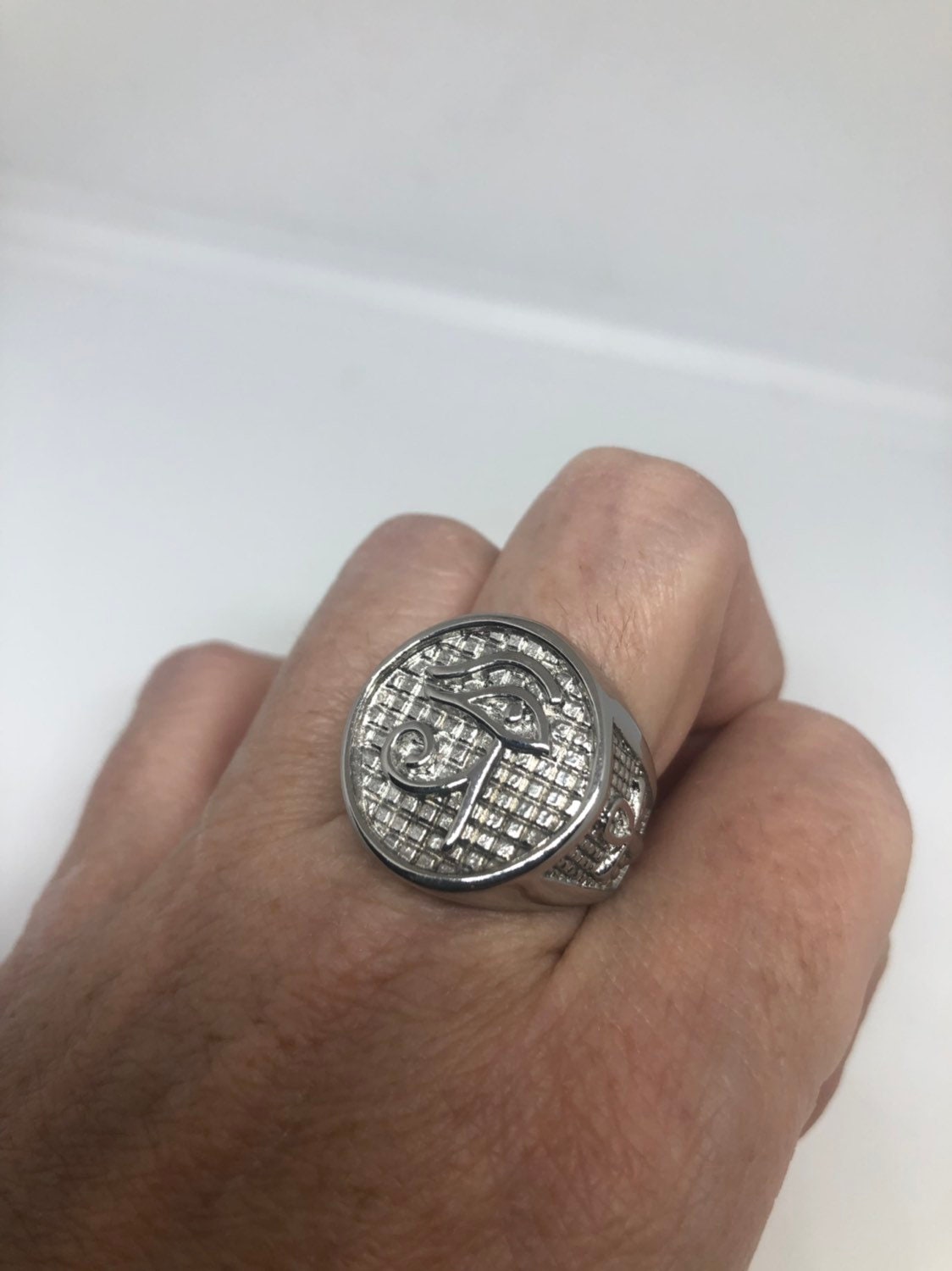 Vintage Silver Stainless Steel Egyptian Ankh Horus Eye Mens Ring