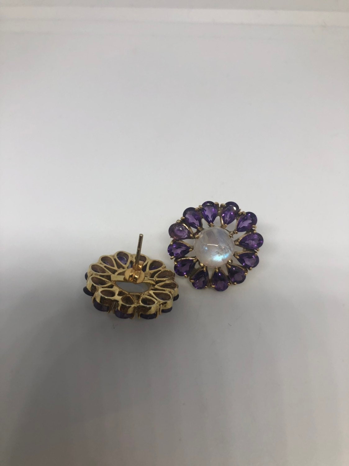 Vintage Amethyst Moonstone Earrings 925 Sterling Silver Purple Stud Button
