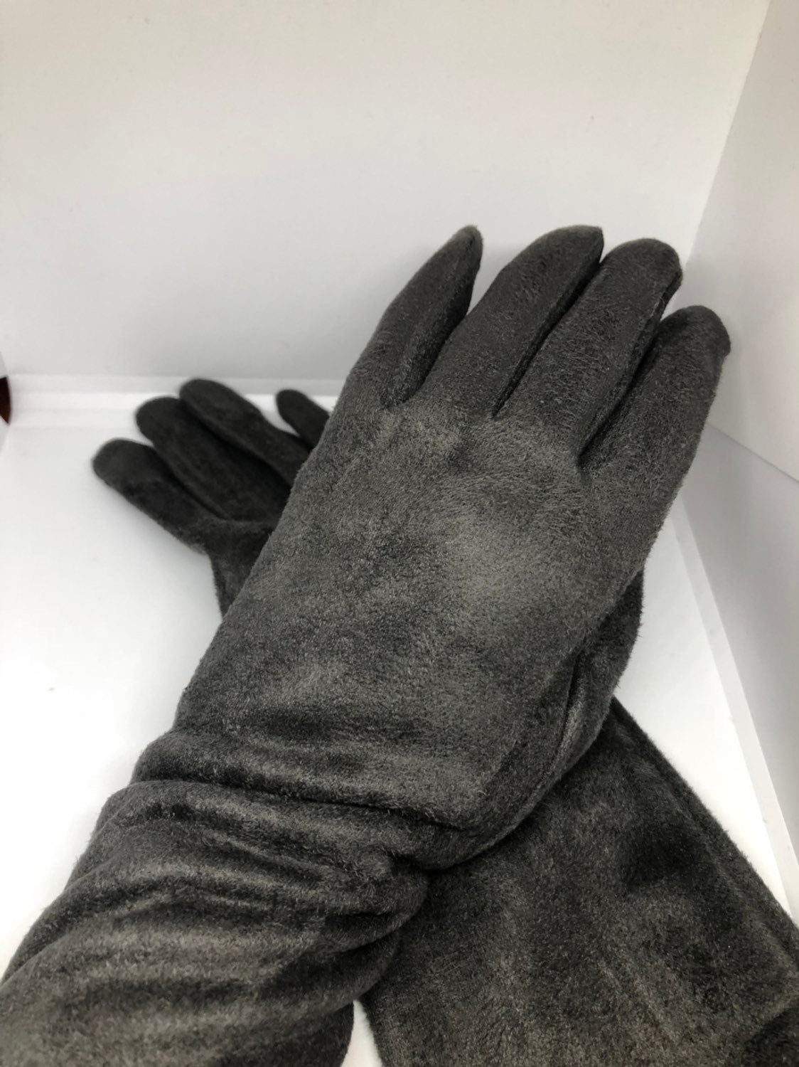 Gray Evening Gloves Vintage Ultrasuede Fleece Long Grey Opera Gloves