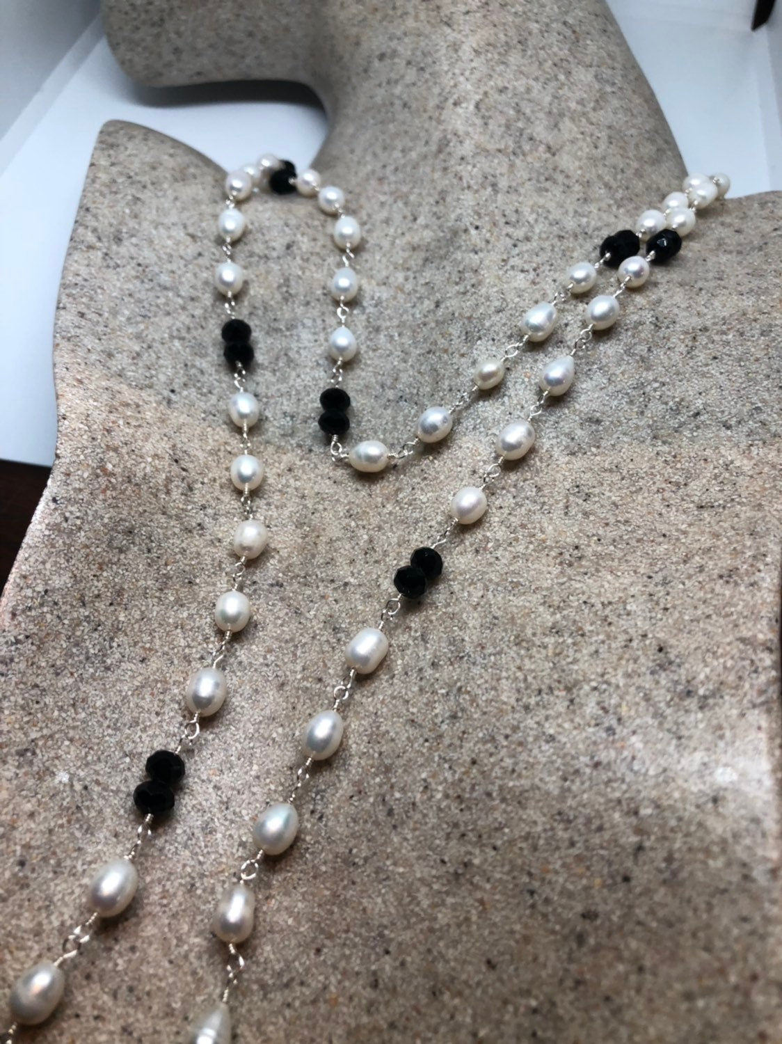 Hand Wrapped White Pearl tassel lariat Necklace