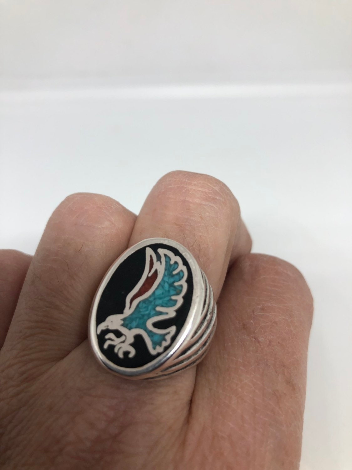 Vintage Native American Southwestern Red Coral Turquoise Inlay Men Hawk Ring