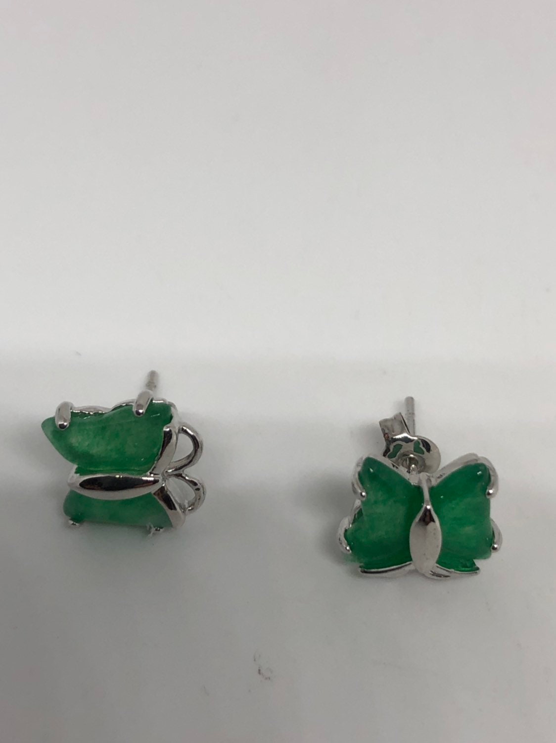 Vintage Green Jade Butterfly Earrings Stud Button