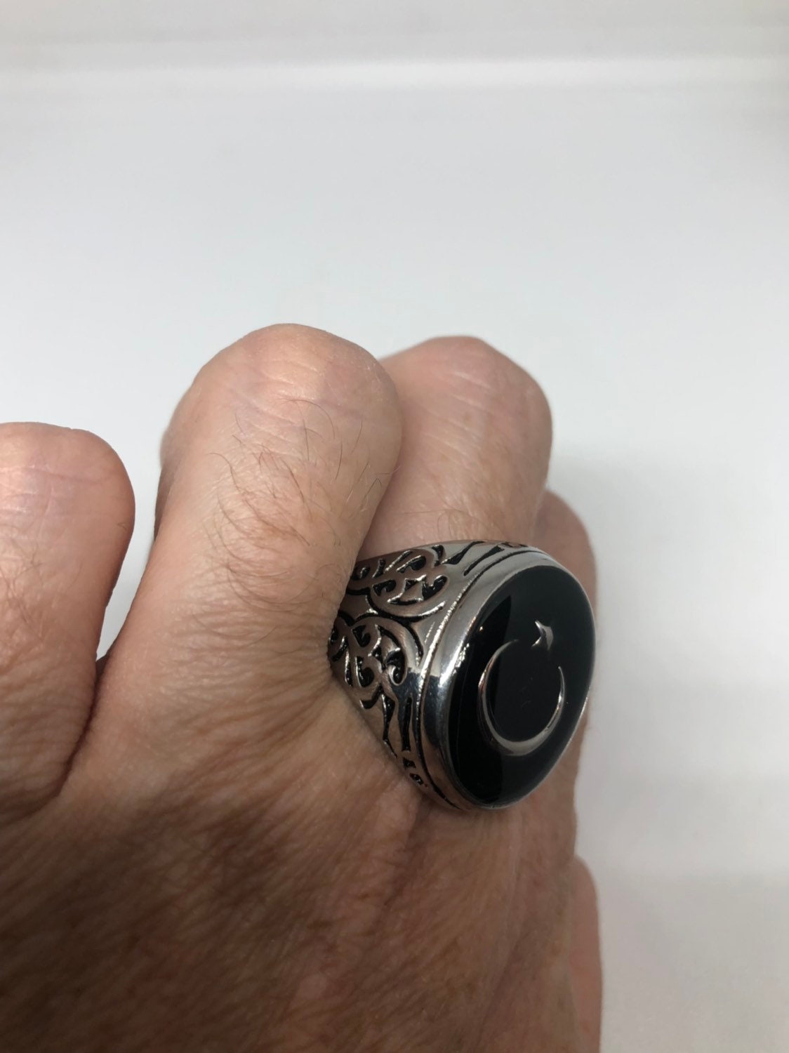 Vintage Gothic Silver Stainless Steel Muslim Star Cresant Mens Ring