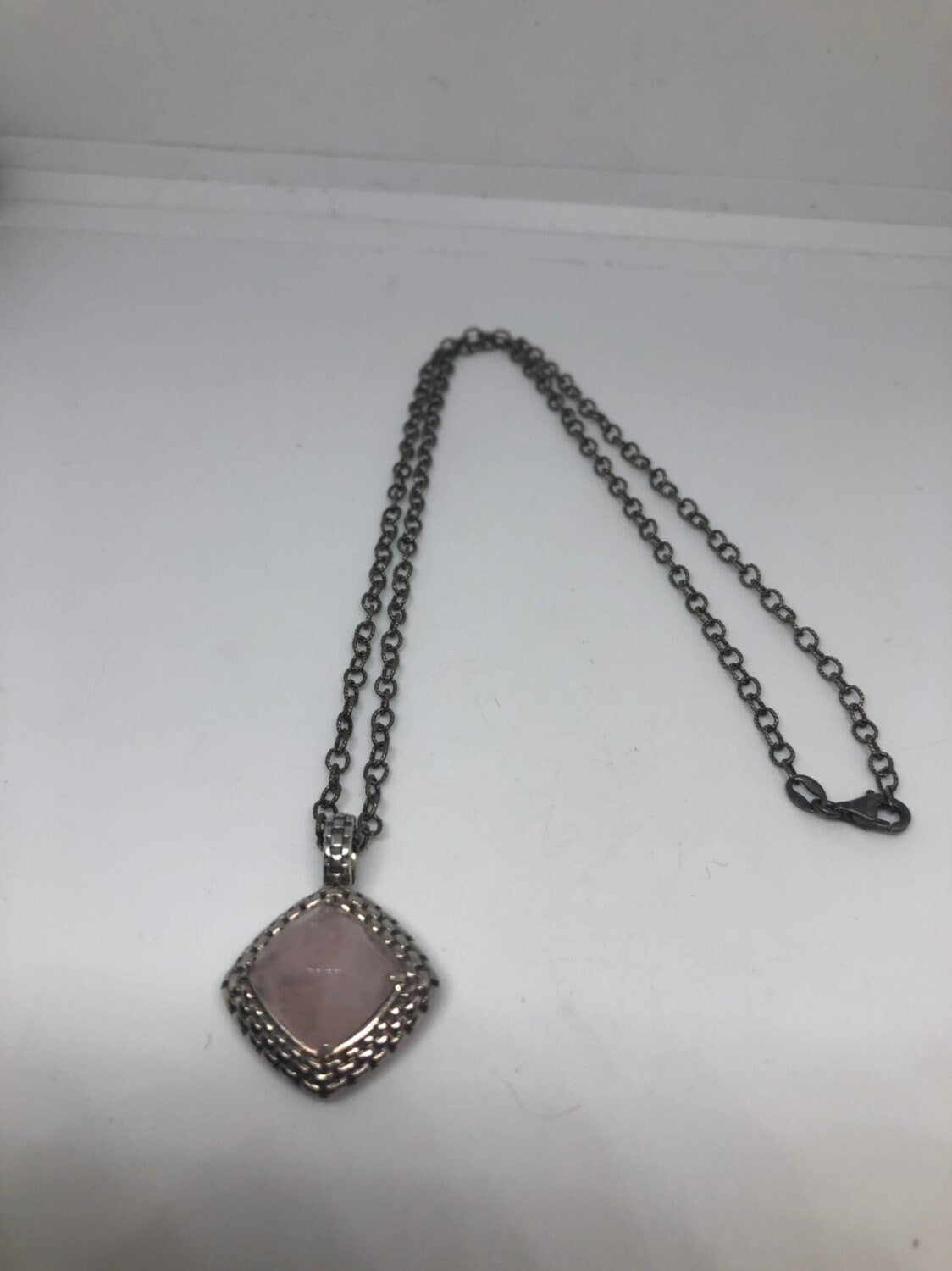 Vintage Handmade 925 Sterling Silver Antique Finish Rose Quartz Pendant 16 in Chain