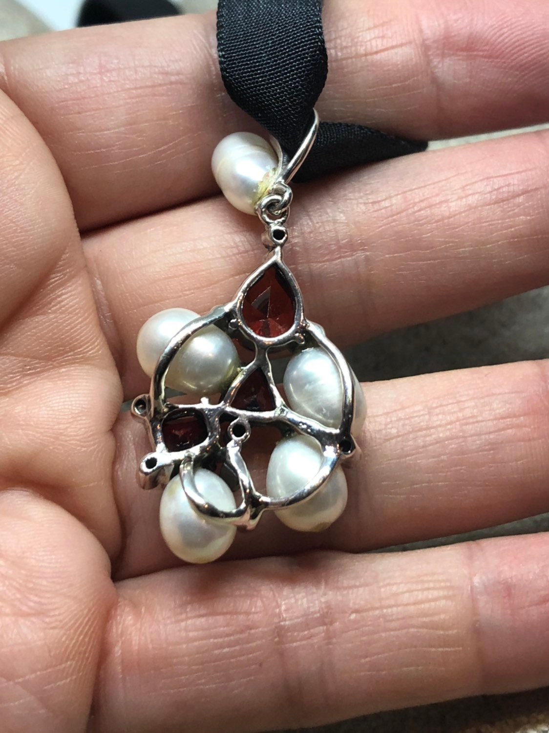Vintage Handmade 925 Sterling Silver Genuine Pearl Garnet CZ Antique Pendant Necklace