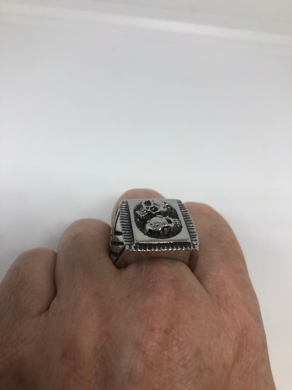 Vintage Gothic Silver Stainless Steel Skull Catacombs Mens Ring